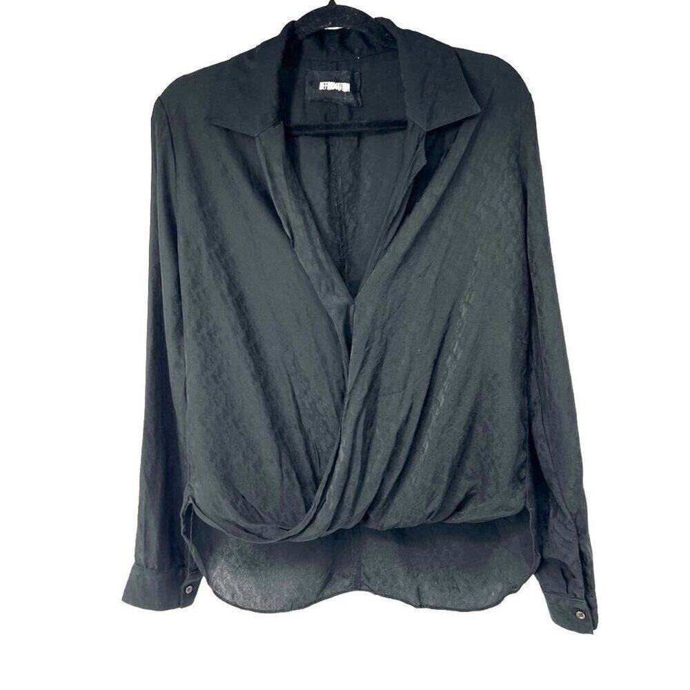 Reformation Black 100% Silk Drape Front Button Closure Blouse Sz M